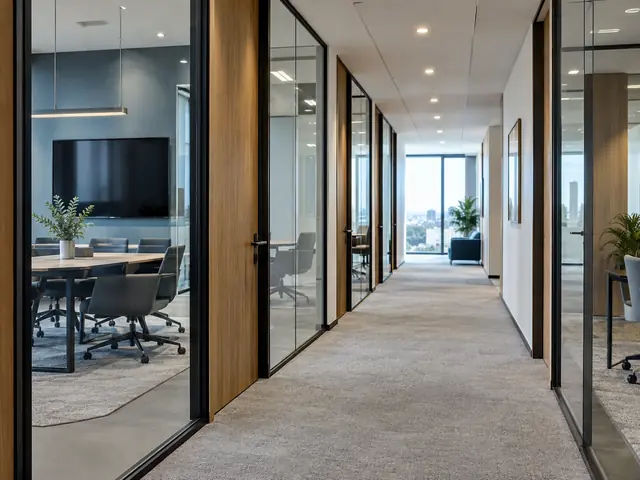 Office corridor with connected rooms, illustrating website navigation